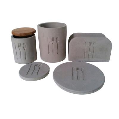 China Rough deboss wood lid concrete cup / 5 pcs Concrete dinner plates FDA for sale