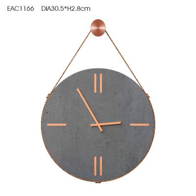 China Dark Grey Natural Cement Wall Clock Home Decors With Factitious Leather Handle for sale