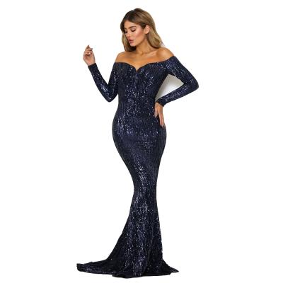 China Stretchy Navy Blue Padded Off Shoulder Mermaid Sleeve Stretch Sequins Long Full Length Prom Dress Even Night Dress for sale