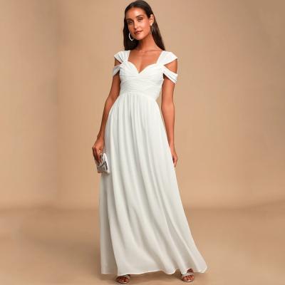 China Breathable Off Shoulder V Neck Ruched Pleatedd Bridesmaids Chiffon Maxi Dress Long Evening Prom Ball Gown for sale