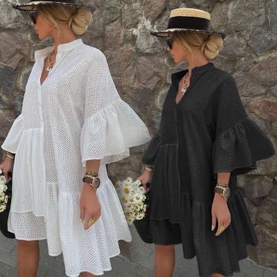 China Support Washable V-Neckline Loose Summer Irregular Ruffled Oversized Mini Dress White Black Hollow Spring for sale