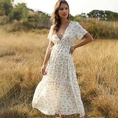 China INS Washable Chic Mid-calf Short Sleeve V-Neckline Ruffled Floral Print A-Line Fashion Summer Long Dress For Women Sweet Dresses for sale