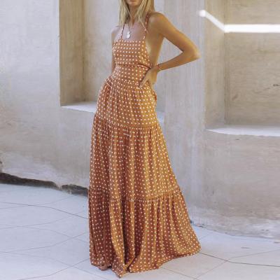 China Washable Polka Dot Print Orange Summer Long Maxi Dress Sleeveless Cross Straps Lace Up Summer 2021 BOHO Beach Dress Ruffled Backles Long for sale