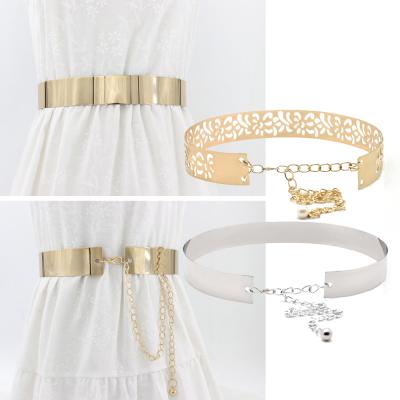 China ALLOY Hollow Out For Dresses Lady Adjustable Fashion Wide Metallic Dish Chains Belts Gold Belts For Women Ladies for sale