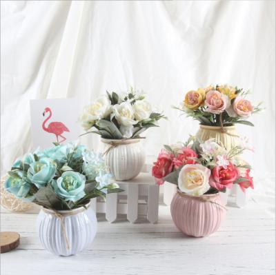 China Beautiful Colorful Plastic Flower Bonsai Suit Hibiscus Rose Nordic Retro Style Colorful Ceramic Artificial Flower Handwork Decoration for sale