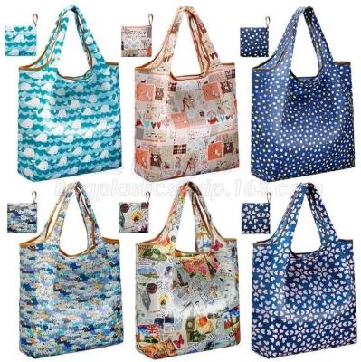 China Diseños lindos del bolso de ultramarinos de ECO 5 reutilizables plegables de nylon amistosos que doblan ajustes de la bolsa de asas de compras en paquete del bagease del bolsillo en venta