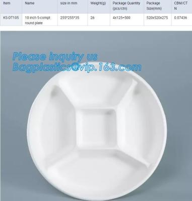 China Bandeja amistosa de la exhibición de las placas del bagazo de la caña de azúcar de Eco, 5 placas disponibles de la pulpa de la caña de azúcar de los compartimientos con la tapa, bagplastics en venta