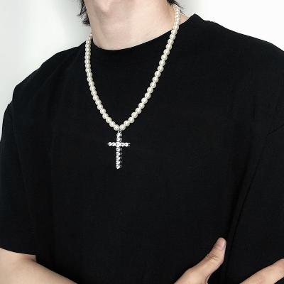 China New Popular Hiphop Men's/Women's Summer Fashion Explosion Pendant Necklace Luxury Pearl Beaded Diamond Blingbling Cross Pendant Gift for sale