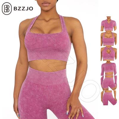 China 2022 Breathable Custom Sporty Acid Wash Active Wear Gym Workout Clothing Equipments Fitness Ribbed Pink Sexy Yoga Set For Women for sale