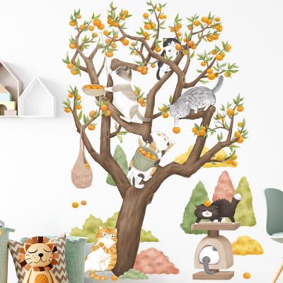 China Waterproof+Eco-friendly Cartoon Yellow Persimmon Tree Cat Leaves Wall Stickers for Kids Room Baby Nursery Room Wall Decals for sale