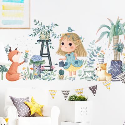 China Waterproof+Eco-friendly Cartoon Girl Fox Bonsai Plants Garden Wall Sticker Kids Room Living Room Bedroom Decoration Home Wall Decal for sale