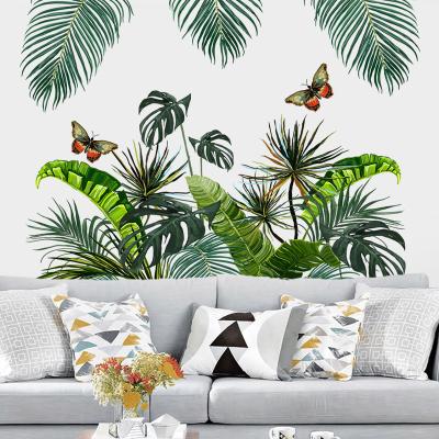 China New Waterproof+Eco-friendly Nordic Tropical Rainforest Green Tree Butterfly Wall Sticker For Living Room Decoration Home Wall Decal for sale