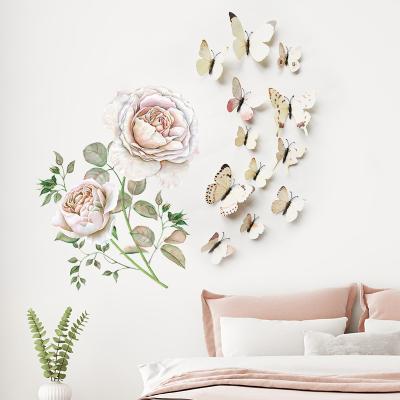 China Waterproof+Eco-friendly White Rose Flowers with 12pcs 3D Butterfly Wall Stickers for Girl Room Living Room Bedroom Wall Decals Stickers Decorative PVC for sale