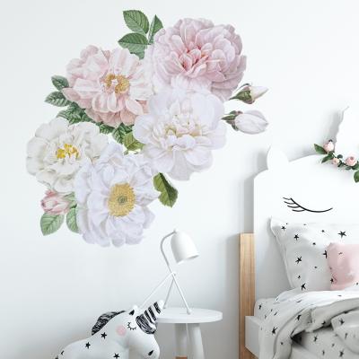 China Waterproof+Eco-friendly Soft Pink White Watercolor Peony Flower Wall Sticker For Living Room Bedroom Decoration Wall Home Decal for sale