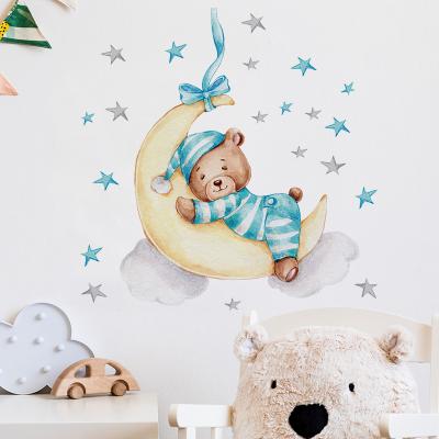 China Waterproof+Eco-friendly Good Night Green Baby Bear Sleeping On The Moon Wall Decal For Kids Room Nursery Bedroom Decoration Kids Wall Sticker for sale