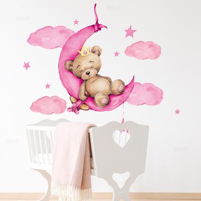 China Soft WALL STICKER Pink Sleeping Bear Wall Stickers Clouds Stars Wall Decals Baby Nursery Room Decoration Living Room Bedroom Stickers for sale