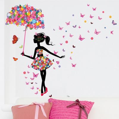 China Waterproof+Eco-friendly Fairy Floral Cartoon Butterfly Girl With Umbrella Wall Stickers For Girl Bedroom Kids Room Wall Decals Flowers Colorful PVC for sale