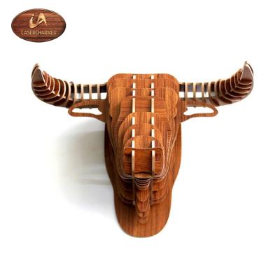 China Europe 3D Wall Decor Ox Head Wooden Animal Head Home and Company Decor Wall Hanging Wooden Decoration for sale