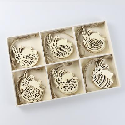 China Europe Wooden Natural Laser Carving Box Creative Hanging Decorative Egg Bunny Easter Design Variety Wooden Decoration for sale