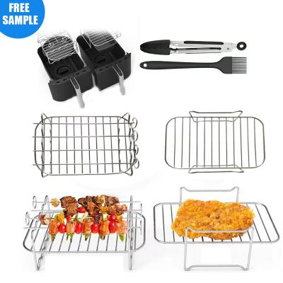 China Hotel Maker Air Fryers Accessories Skewer Rack Set Cake Basket Pizza Pan Double Grill Electric Fryer Tool for sale