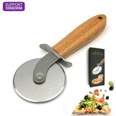 China Custom Stocked Logo Hot Sale Stainless Steel Cookie Pizza Cutter Knife With Non Slip Wooden Handle For Kitchen Cooking for sale