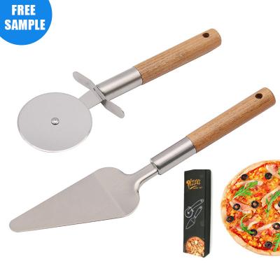 China Custom Stocked Logo Durable Stainless Steel Pizza Cutter and Server Set with Natural Wood Handles for Pizza Pastry Cutting Tools for sale