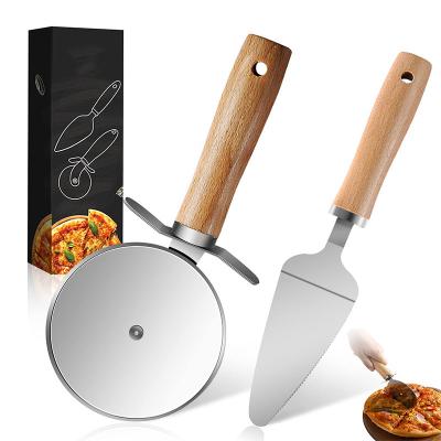 China Custom Stocked Logo Durable Stainless Steel Pizza Cutter and Server Set Pizza Tool with Natural Wood Handle for Bread Pies for sale