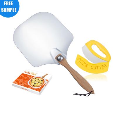 China Homeade Stocked Stainless Steel Pizza Cutter and Foldable Wooden Handle Tool with Pizza Cutter Set for sale