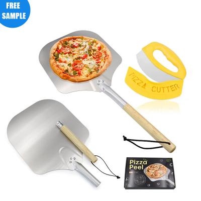 China Homeade Aluminum Stocked Pizza Skin With Detachable Wooden Handle With Set Pizza Cutter For Bread Baking Tools for sale