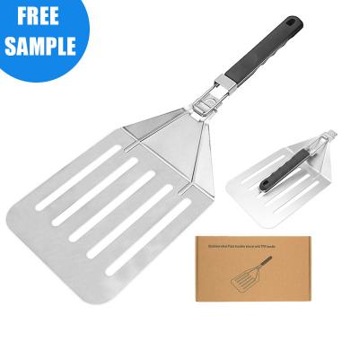 China Professional Large Pizza Skin Pie Shovel Extra Rotating Stocked Stainless Steel with Folding Handle for Bread Grill Oven Outdoor Tool for sale