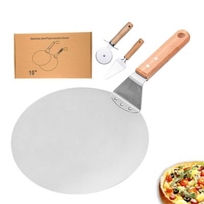 China 10in Pizza Skin Metal Wood Stocked Aluminum Handle Round Large Pizzeria Shovel Spatula with Cutter and Server Set for Bread Baking Tool for sale