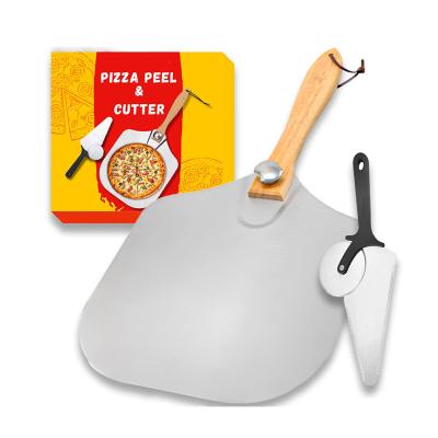 China Stocked Ready Stock Custom Logo 2 PCS Folding Pizza Peel Shovel Cutter Sever Set with Wood Handle for Pizza Cutting Tools for sale