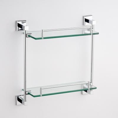 China Wall Mounted Type Glass Shelf Wall Mounted Brass Hardware Storage Double Bathroom Accessory For Bath Mount for sale