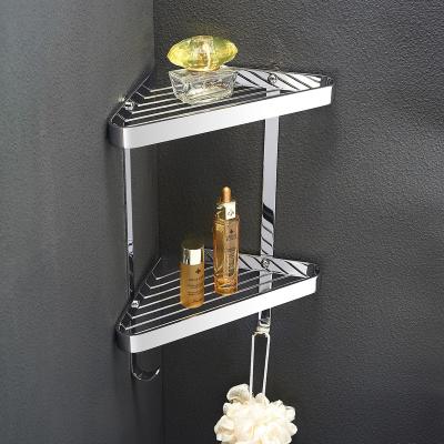 China Wall Mounted Type Acceptable Corner Bathroom Shelf Chrome Brass Metal Bathroom Accessories Double Tier High Quality for sale