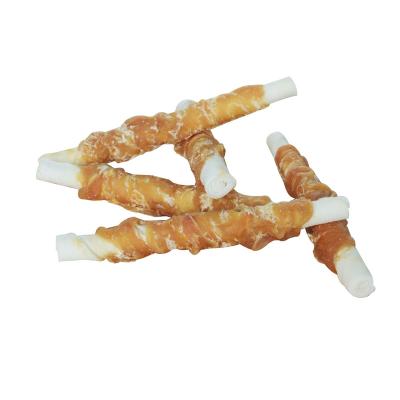 China Stocked Rawhide Dog Treat with Chicken Falvor with Bleached Cowhide Twist as High Protein Rawhide Dog Snack for sale