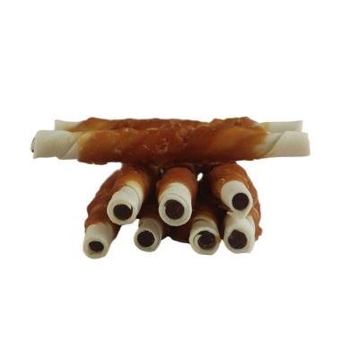 China Viable Rawhide Twists Wrapped With Dental Chicken Duck Liver Filled Rawhide Stick Dog Chew Snacks Importer Dog Treats Chicken for sale