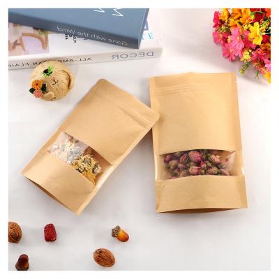 China Custom Brown Moisture Proof Stand Up Pouch Zip Lock Kraft Paper Bags With Clear Window And Zipper for sale