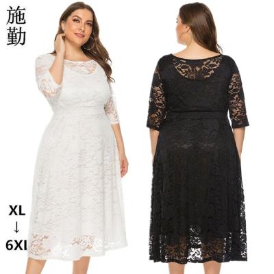 China Anti-static hollow lace pocket evening dress white plus size dress and skirt 5xl woman dress for sale