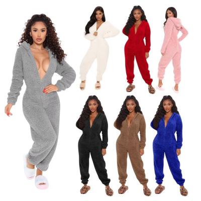 China Winter Plus Size Breathable Plush Hooded Plush One Piece Teddy Cute Sleepwear Fuzzy Pjs Warm Plus Size Velor Jumpsuit Lounge Wear For Women for sale