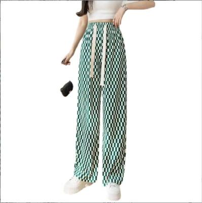 China Ice Silk Wide Leg Pants Leopard Print Checkerboard Plaid Pants Women QUICK DRY for sale