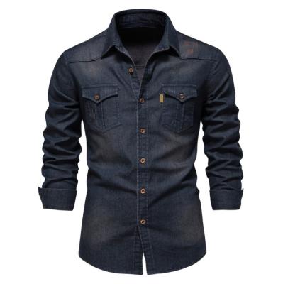 China Usable Size Lapel Men's Casual Stripped Pocket Jacket Shirt Vintage Double Washed Denim Shirts For Men for sale