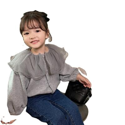 China Kids Girls Blouse Girl Solid Color Top Cotton Shirts Breathable Mesh Lotus Collar Baby Long Sleeve Cardigan Shirts for sale