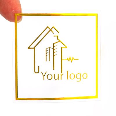 China Customized Hot Stamping Transparent Logo Sticker Waterproof Square Gold Foil Clear Vinyl Label Sticker For Glass for sale