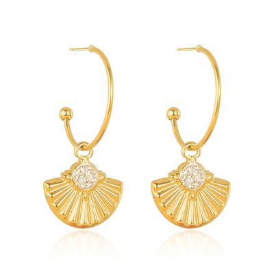 China FASHIONABLE Custom Wholesale Famous 18K Gold Plated Stainless Steel Woman Luxury Jewelry Inspired Zircon Chinese Fans Charm Earrings for sale