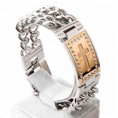 China Wholesale Stainless Steel Marlary Gold Plated CZ Cross Jewelry Fashion Bracelet Cuban Link Chain Bracelet For Men for sale