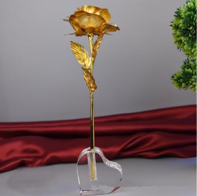 China PC With Gold Foil Plated Discount Price Sale 24k Gold Foil Rose Flower With Vase Crystal Valentine Gift for sale