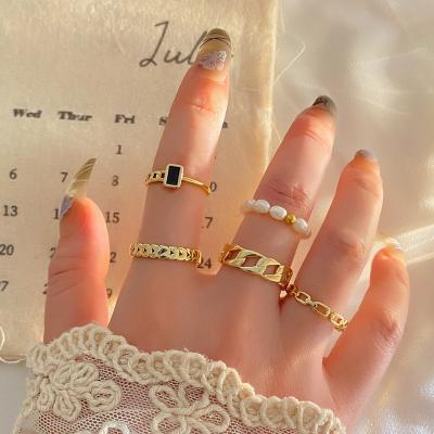 China KISSWIFE Gold Pearl Punk Rings Leaves Charm Diamond Open Fashion Adjustable Rhinestone Chain Ring Set For Women for sale