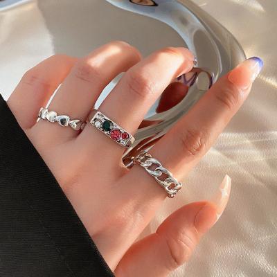 China KISSWIFE RTS Sliver Plat 3pcs Heart Love Rhinestone Fashion Punk Jewelry Crystal Geometric Finger Ring Set For Women for sale