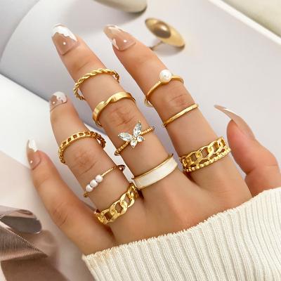 China KISSWIFE Thin Layer Gold Punk Jewelry Open Waist Butterfly Rings Bead 10pcs Crystal Ring Set For Women for sale