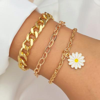 China Adjustable Chain Daisy Flower Fashion 3pcs Gold Bracelet Hiphop KISSWIFE Trendy Charm Bracelets Set For Women for sale